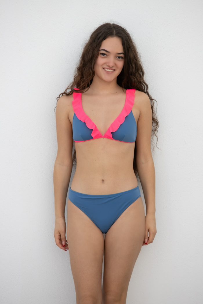 Bikini Marta (2024). Estampado bicolor acero/fucsia flúor