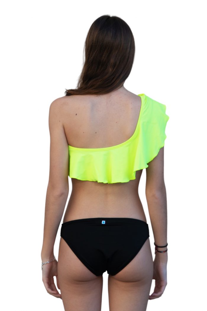 Espalda bikini volante (2024). Estampado bicolor negro/amarillo flúor